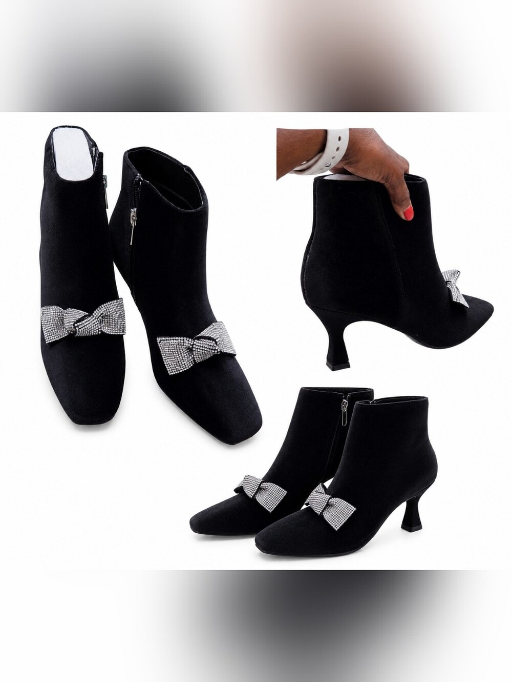 Versona Black Ankle Booties with Crystal Bow Accent